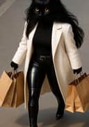 A fursona artwork of a bird’s-eye view of a black cat with long wavy hair walking down the street. She’s wearing a black tank top, black leather pants, a long white coat, and black high heels, carrying several shopping bags in both hands. Template for the AI Furry Art Generator.