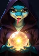 A fursona artwork of a blue snake in purple robe is whispering prophecy, with a glowing crystal globe in her hands. Template for AI furry art generator.