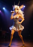 A fursona artwork of a gazelle with white, wavy hair is singing. Template for AI furry art generator.