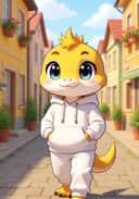 A fursona artwork of an orange gecko in white jumpsuit is walking in a peaceful town. Template for AI furry art generator.