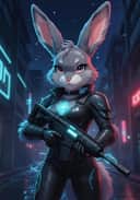 A fursona artwork of a grey rabbit in sleek cyberpunk combat suit, holding a digitally enhanced avtomat rifle. Template for AI furry art generator.