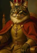 A fursona artwork of a half-body portrait of a main cat sitting on a golden throne, wearing golden royal clothes, a red poncho, and a golden crown. Template for the AI Furry Art Generator.