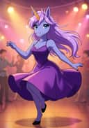 A fursona artwork of a unicorn with flowing purple hair dancing joyfully at a party. She’s wearing a gradient purple dress and high heels. Template example for the AI Furry Art Generator.