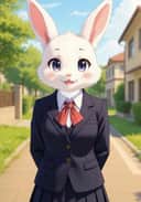 A fursona artwork of a white rabbit in a black Japanese uniform smiles shyly at the camera. Template for AI furry art generator.