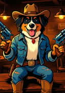 A fursona artwork of a shepherd is wearing an open denim jacket, ragged denim pants, and khaki cowboy boots, with a cowboy hat on his head. He's holding a double-barreled shotgun and a Colt. Template for AI furry art generator.