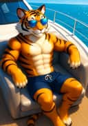 A fursona artwork of a tiger wearing dark blue swim shorts and sunglasses is sitting on a modern sofa aboard a luxurious yacht. Template for AI furry art generator.
