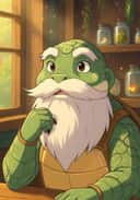 A fursona artwork of an elderly green turtle with white beard sitting in a magical herb shop. Its scaled hand supports its jaw. Template for AI furry art generator.