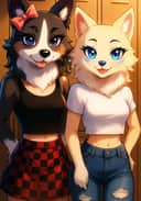 A fursona artwork of two youth dogs standing against the locker, one wearing a black tank top and a checkered skirt, the other wearing a white short tee and ripped jeans. Template for AI furry art generator.