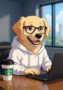 A fursona artwork of a golden retriever with a pair of black-framed glasses is typing on a black laptop in the office. With a Starbucks cup on the table. Template for AI furry art generator.