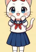 A fursona artwork of a full-body portrait of a white cat in a sailor uniform. She’s blushing and playfully resting both paws on her cheeks. Template example for the AI Furry Art Generator.