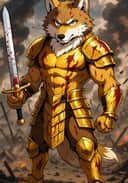A fursona artwork of a full-body portrait of a wolf in golden armor standing on a battlefield, holding a sword in one paw. Template for the AI Furry Art Generator.