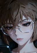 AI が生成した、肩までの長さの乱れた茶色の髪と銀フレームの眼鏡をかけたアニメ キャラクター灰原が携帯電話を見ている様子のアートワーク。 画像から画像へのツールのテンプレート。