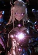 AI によって生成された、白いストレートの髪、黒い雄牛のような角、輝く紫色の目、流れる光に囲まれた胸のホログラフィック投影を備えたサキュバス アルトリアのアートワーク。