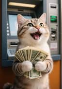 ATM の前に立ち、幸せで満足した表情で米ドルの札束を握りしめている猫の画像。 画像間ツールのテンプレート。