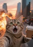 夕暮れ時に爆発が起こる中、コーヒーを持ったショックを受けた表情をした猫の自撮り写真。 画像変換ツールのテンプレート。