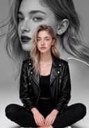 AI が生成した、黒い革のジャケット、黒いトップス、黒いパンツ、白いロートップ キャンバス シューズを履いた金髪の女性が地面に座っている、背景に彼女の白黒のクローズアップが写った二重露光ポートレート。 画像変換ツールのテンプレート。