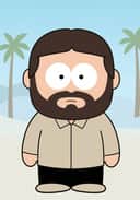 Wygenerowany przez sztuczną inteligencję obraz inspirowany South Park przedstawiający mężczyznę z brodą i wąsami, ubranego w beżową koszulę i czarne spodnie, stojącego na drodze ze spokojną miną. W tle widoczne są dwa drzewa kokonowe.