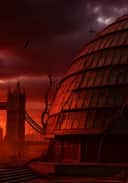 Image générée par l'IA de l'hôtel de ville de Londres et du Tower Bridge envahis par des vignes rouge foncé et des racines épineuses, sur fond de tempête post-apocalyptique et de paysage urbain en décomposition.