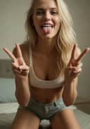 Eine blonde Frau in weißem BH und Shorts kniet mit herausgestreckter Zunge auf einem Bett und macht einen verspielten Ahegao-Gesichtsausdruck. Bildeffekt für Undress AI Remover.