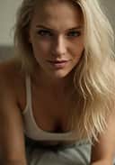 Eine blonde Frau in weißem BH und Shorts liegt bäuchlings auf einem Bett und stützt ihren Körper mit den Ellbogen ab. Bildeffekt für Undress AI Remover.