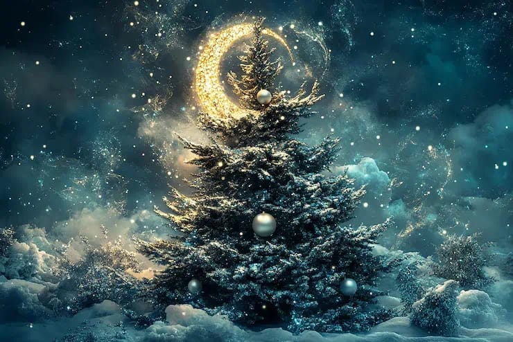 神奇的冬夜場景:一棵白雪覆蓋的常綠聖誕樹上掛滿了發光的珍珠飾品,映襯在星空下,一輪金色的新月閃閃發光。 柔和、飄逸的雲朵和散落的星光增強了夢幻、神秘的節慶氛圍。