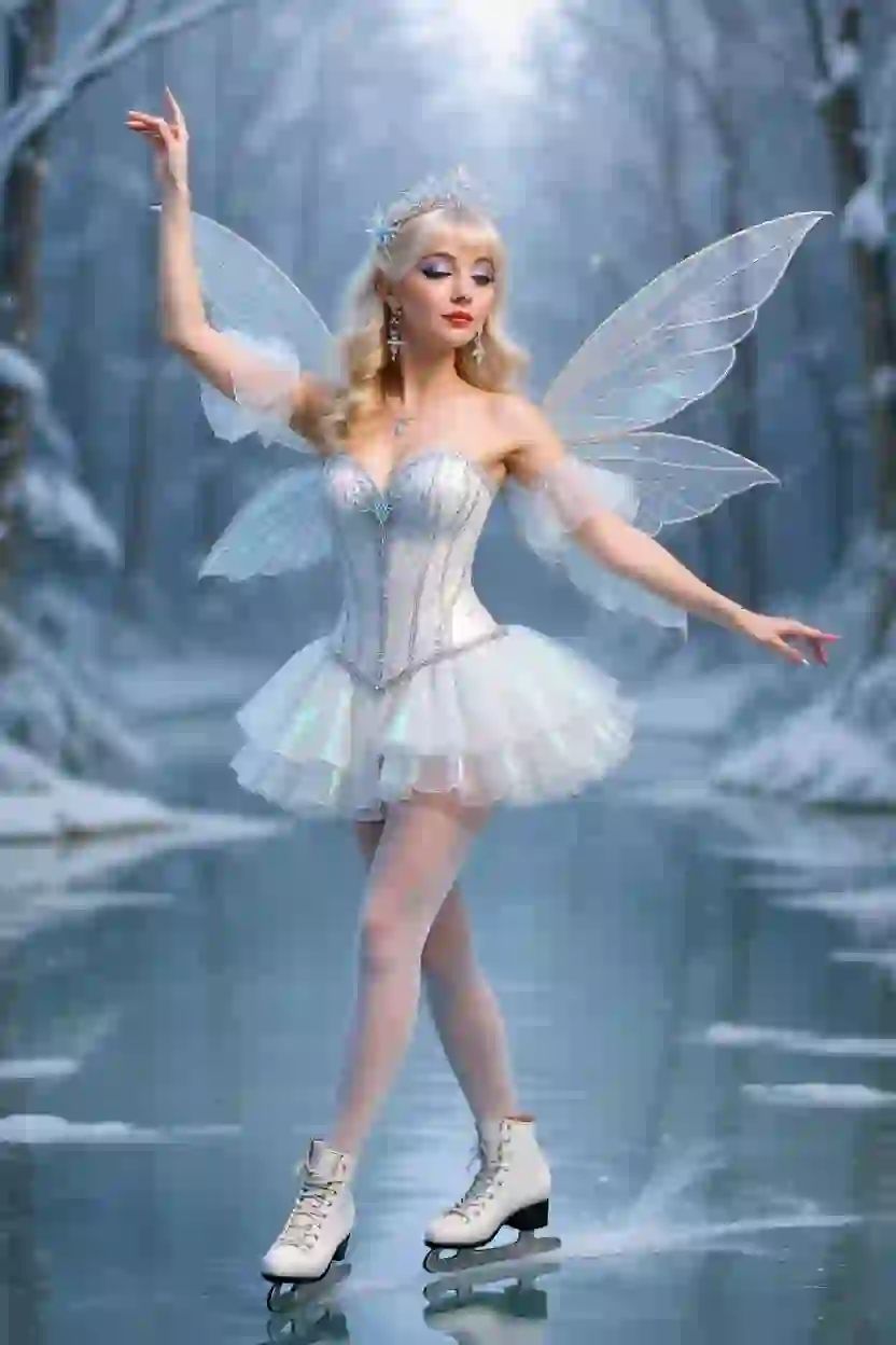 Ethreal 聖誕卡模板的特色是一個穿著寒冷精靈服裝的女人正在冰湖上滑旱冰。