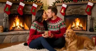 Kerstfoto-sjabloon: een stel in feestelijke gebreide truien zit bij een stenen open haard met opgehangen kerstsokken en een golden retriever, terwijl ze warme chocolademelk delen