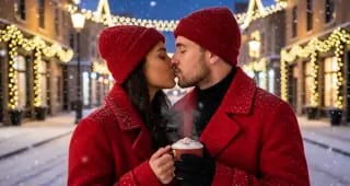 Kerstfoto-sjabloon: een stel in rode jassen en mutsen kust elkaar op een besneeuwde straat onder kerstverlichting, met warme chocolademelk in de hand