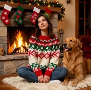 Kerstfoto-sjabloon: een vrouw in een feestelijke gebreide trui zittend op een kleed bij een stenen open haard met opgehangen kerstsokken en een golden retriever