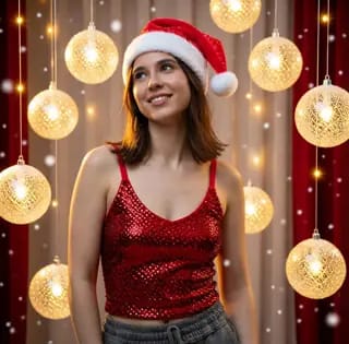 Kerstfoto-sjabloon: een lachende vrouw in een kerstmuts en rode pailletten top tussen gloeiende gouden kerstbal-lichtjes
