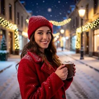 Kerstfoto-sjabloon: een lachende vrouw in rode muts en jas houdt warme chocolademelk vast op een besneeuwde straat verlicht met kerstlichtjes