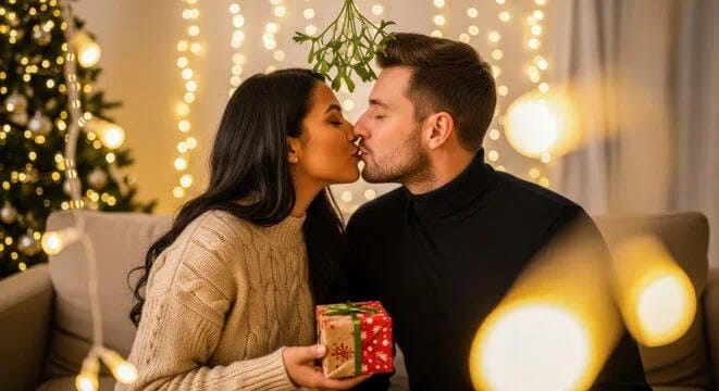 Foto pasangan berciuman di sofa abu-abu di bawah dahan mistletoe, dengan bungkus kado di tangan wanita tersebut.
