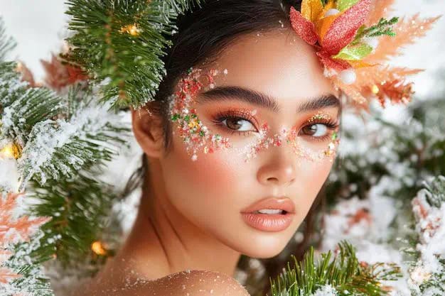 Potret seorang wanita dengan riasan gemerlap Natal yang meriah: eye shadow oranye, kilau wajah berwarna-warni, hiasan kepala bunga dengan latar belakang pohon pinus bertabur salju.