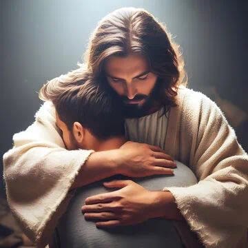 Gambaran Yesus sedang memeluk seorang laki-laki, diterangi oleh cahaya suci yang lembut dan bercahaya.