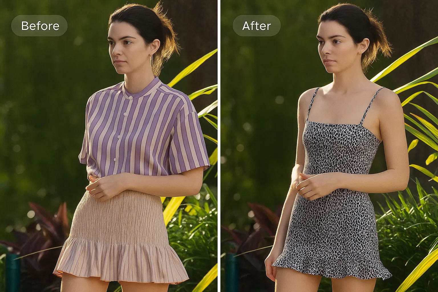 Kendall Jenners lilla stripete topp og skjørt ble endret til en svart og hvit kjole med leopardmønster.