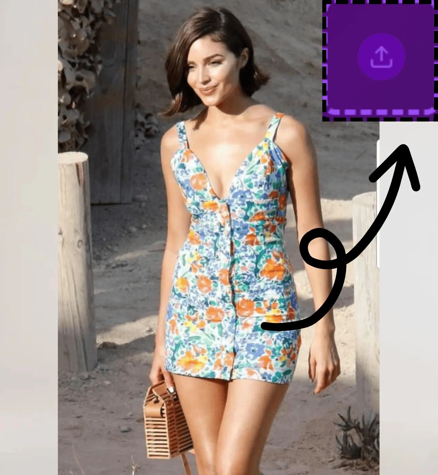 Korthåret kvinne i en blågrønn blomstret camisole-kjole, klar for klesvalg i AI-klærveksler.