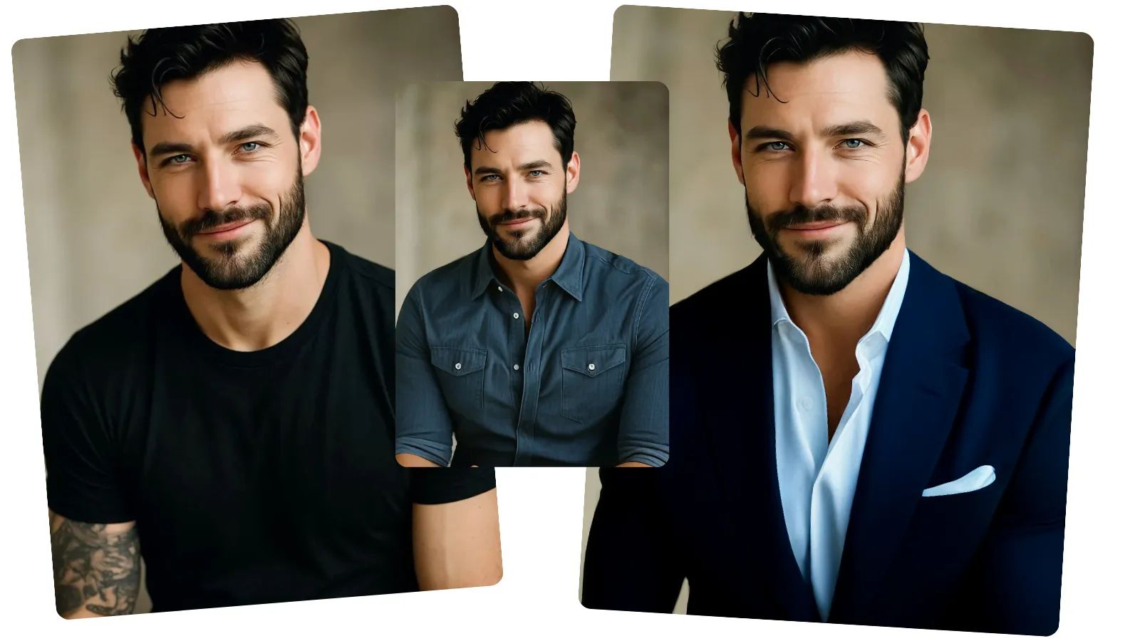 Samme mannlige modell iført en svart T-skjorte, dress og dongeriskjorte etter AI-klær.