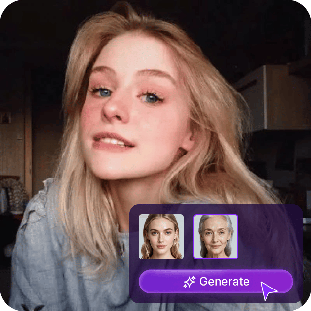 顔の年齢を変えるプロセスを示すステッカーを貼った金髪の女の子の自撮り写真。顔の年齢を変えるチュートリアルの素材として使用されます。