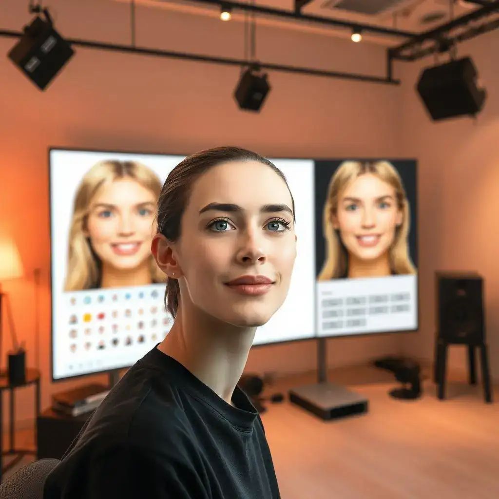 Kvinnen i den svarte kjolen sitter foran en dataskjerm, og datamaskinen viser grensesnittet til AI Facial Expression Changer.
