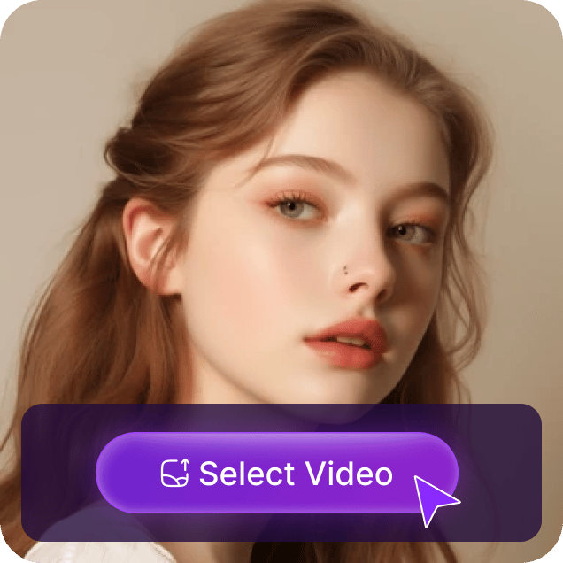 Hình ảnh cô gái tóc nâu với nhãn dán hiển thị nút 'chọn video', được sử dụng làm chất liệu trong hướng dẫn hoán đổi biểu cảm khuôn mặt.