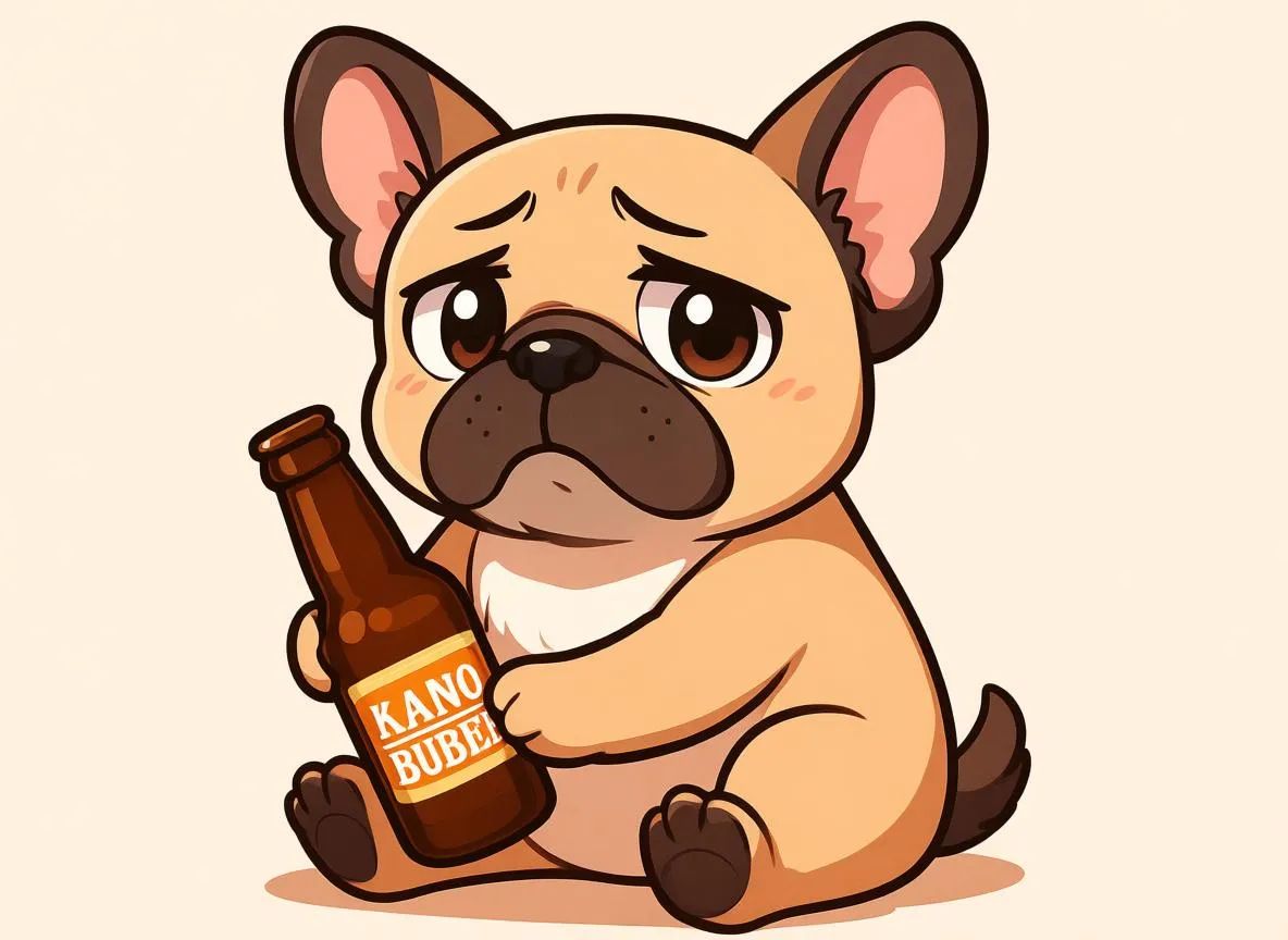 A chibi-anime style of a bulldog is acting emotional with a bottle of beer in its arms.