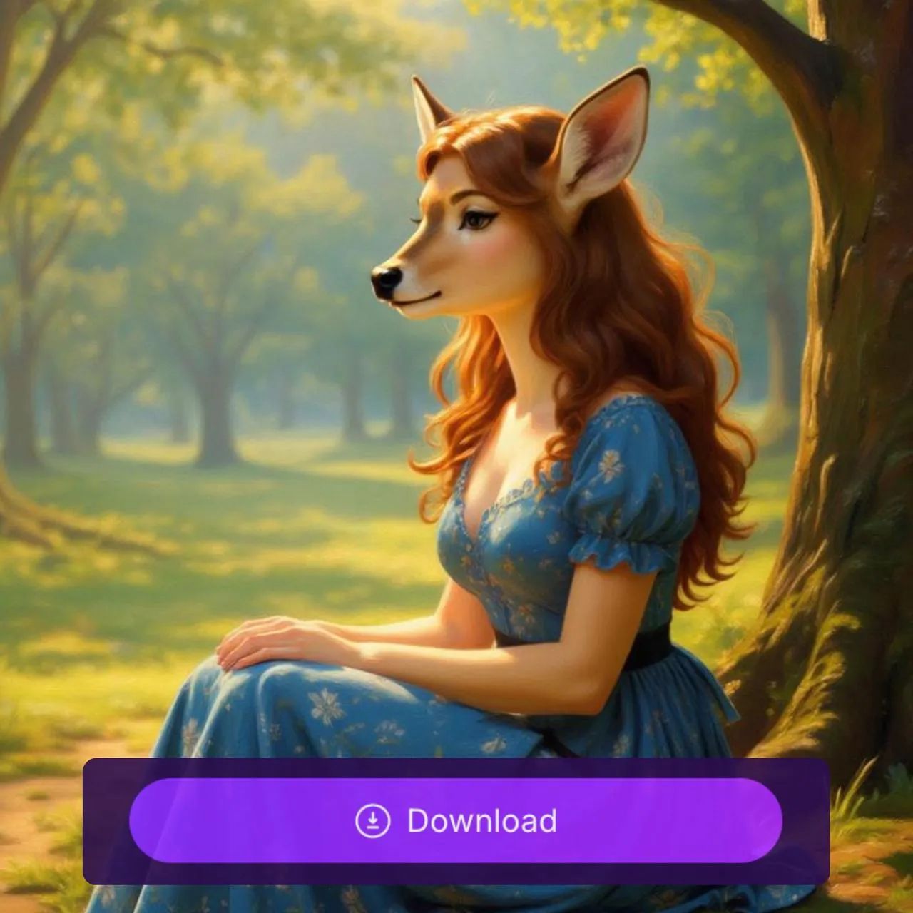 A fursona artwork of a deer with long wavy chestnut hair sitting in the forest, with a sticker showing the "download" button, used as a material for AI furry art generator tutorial.