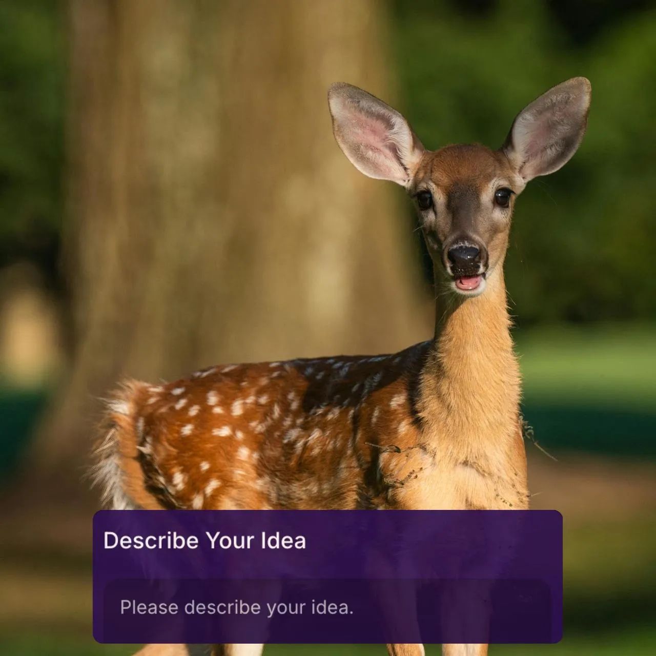A portrait of a deer in the forest, with a sticker showing the "describe your idea" frame, used as a material for AI furry art generator tutorial.