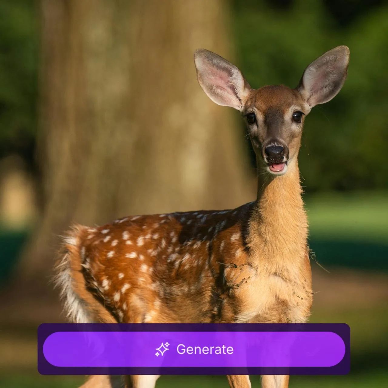 A portrait of a deer in the forest, with a sticker showing the "generate" button, used as a material for AI furry art generator tutorial.