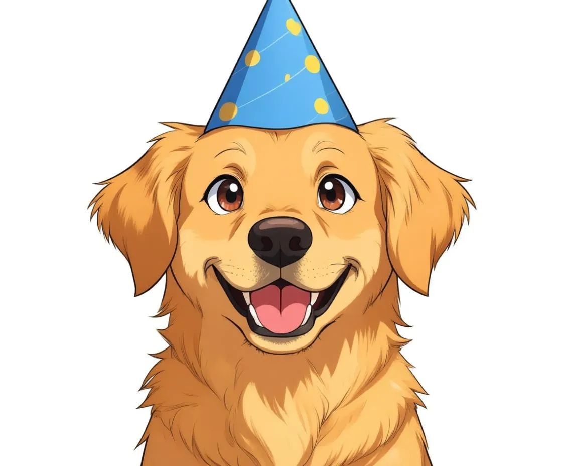 A fursona artwork of a golden retriever with a blue party hat.