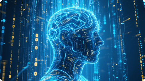 En digital gjengivelse av en menneskelig hodeprofil med en hjernelignende struktur, sammensatt av blå linjer og noder, som representerer kunstig intelligens og ansiktsgjenkjenningsteknologi.