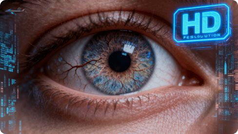 Et nærbilde av et menneskelig øye med detaljert iristekstur, omgitt av futuristiske digitale elementer og en glødende "HD"-etikett.