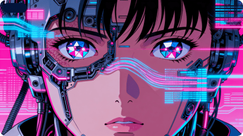 En animefigur i cyberpunk-stil med mekaniske forbedringer rundt øynene, levende rosa og blå elementer og kort mørkt hår.