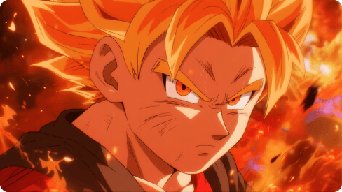 En animefigur med piggete gult hår, intense oransje øyne og et bestemt uttrykk, satt mot en bakgrunn av flammer.