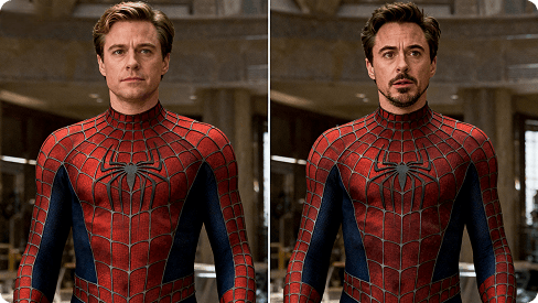 Sammenligning mellom den originale Spiderman-scenen og den ansiktsbyttede versjonen.